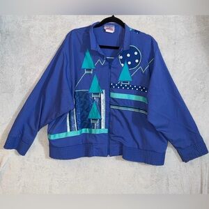 Vintage 80’s Southern Stitches XL Blue Kitschy Fun Geometric Zipper Jacket USA